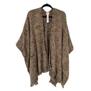 Chicos one size gold metallic floral paisley poncho cape shawl fringe hem